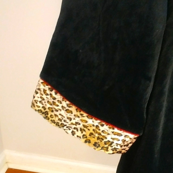 Cinema Etoile Black Velvet Robe Leopard Print Collar Cuffs Zip Tassel Size S - Picture 6 of 9